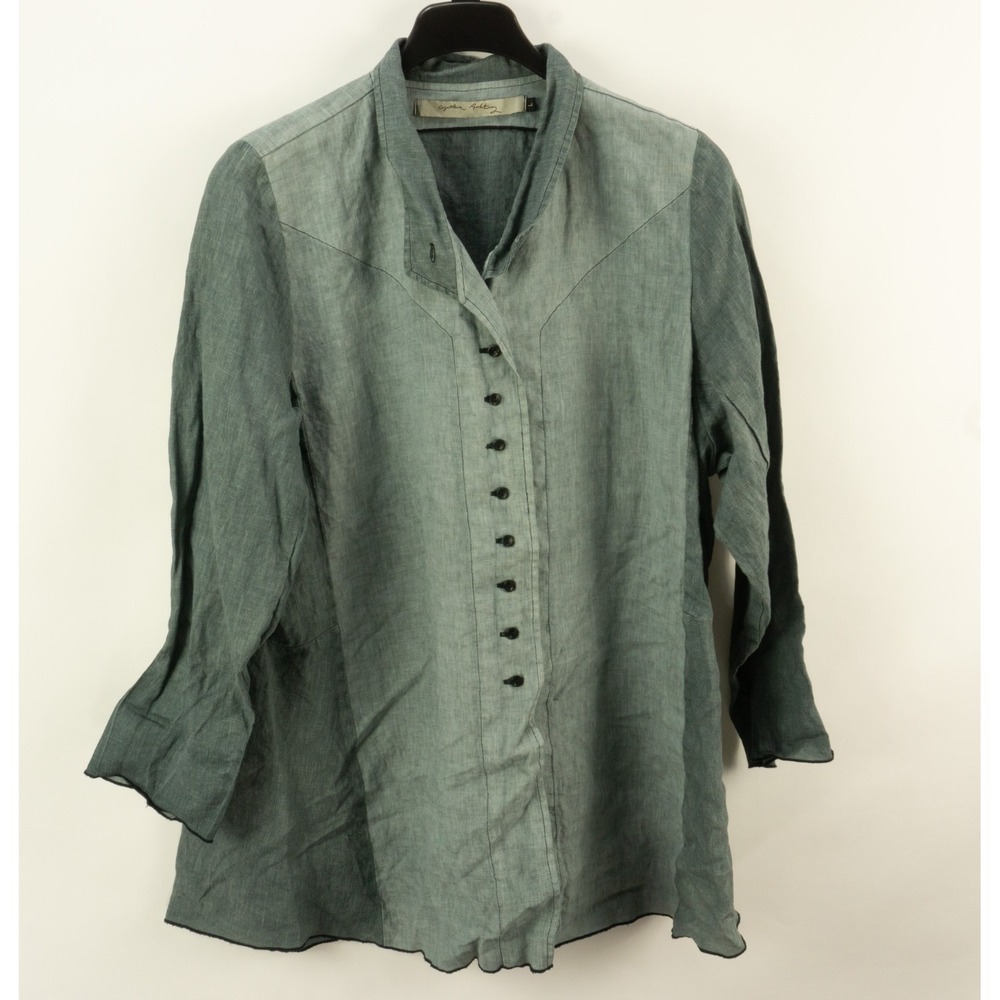 Cynthia Ashby Linen Colorblock Lagenlook Tunic Top Women Large Green Long Sleeve